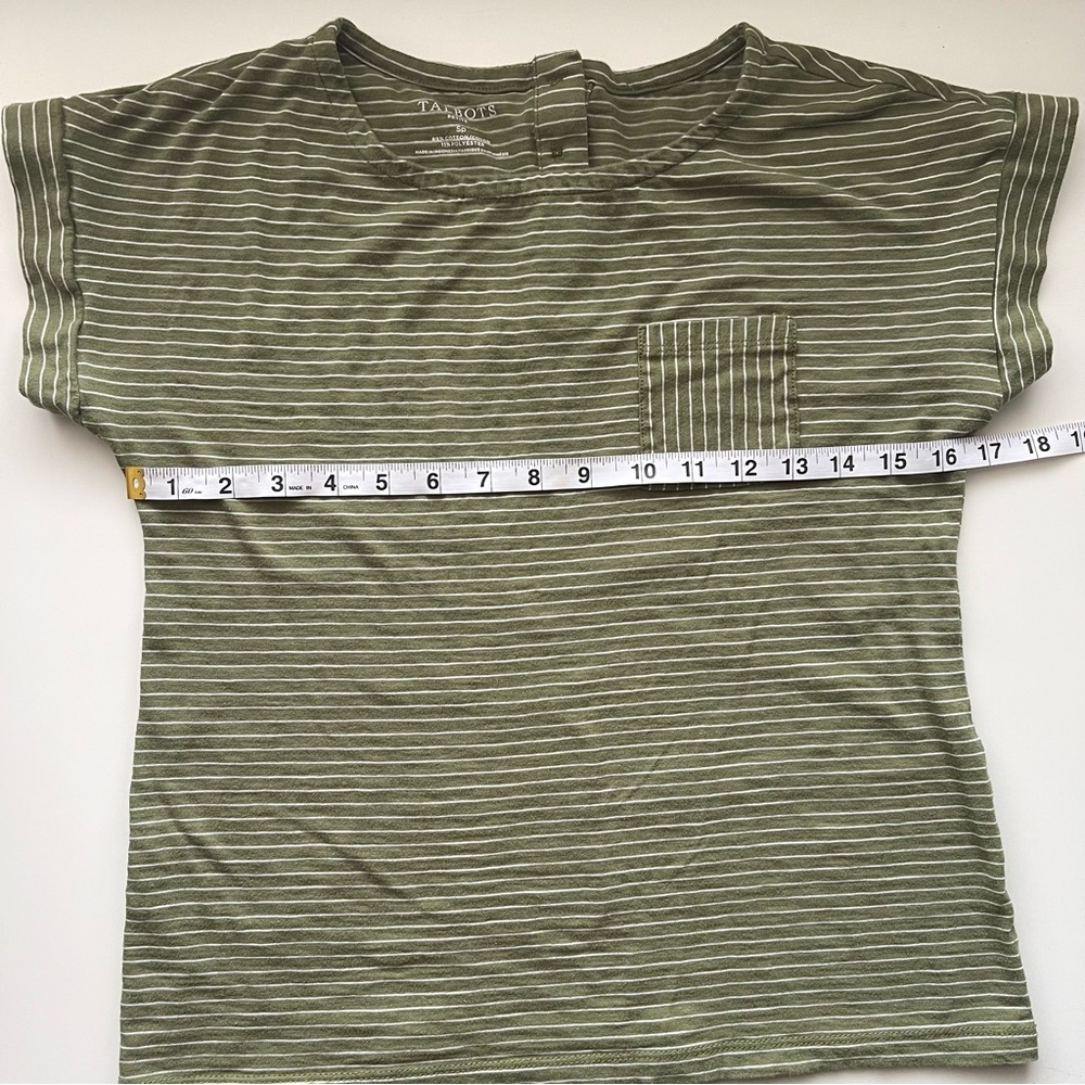 Talbots Olive Green White Pin Striped Pocket Tee Coastal Quiet Luxury Minimalist - Picture 5 of 10
